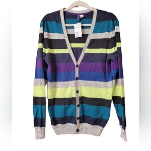 H&M striped gray, teal, neon yellow v-neck cardigan M